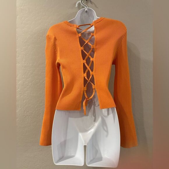 ROYALTY By MALUMA Orange Ribbed Flare Long Sleeves Lace-Up Back Top Small - Picture 7 of 11